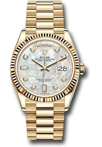 Rolex Yellow Gold Day-Date 36 Watch - Fluted Bezel - Mother-of-Pearl Diamond Dial - President Bracelet - 128238 mdp