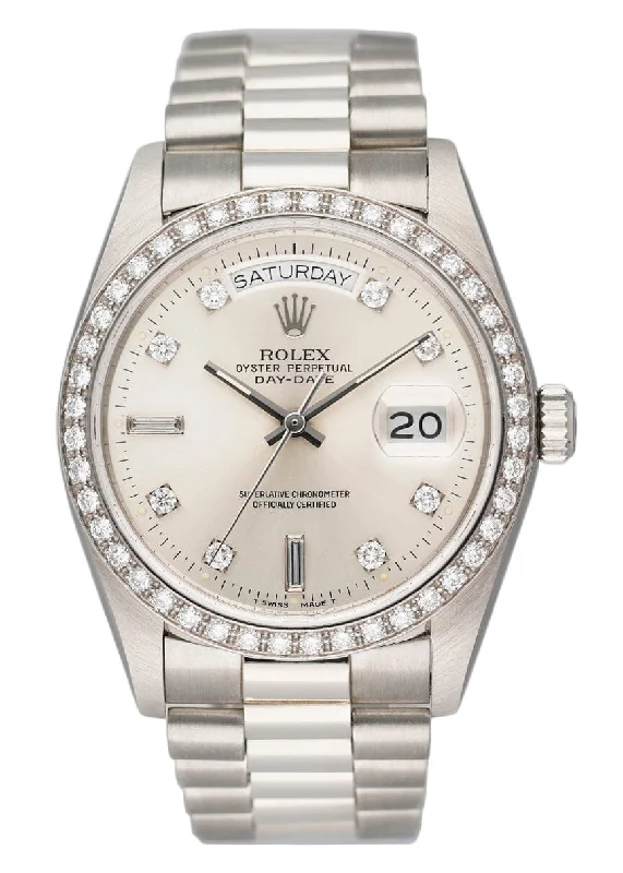 Rolex Day-Date 18046 Diamond Silver Dial Platinum Mens Watch