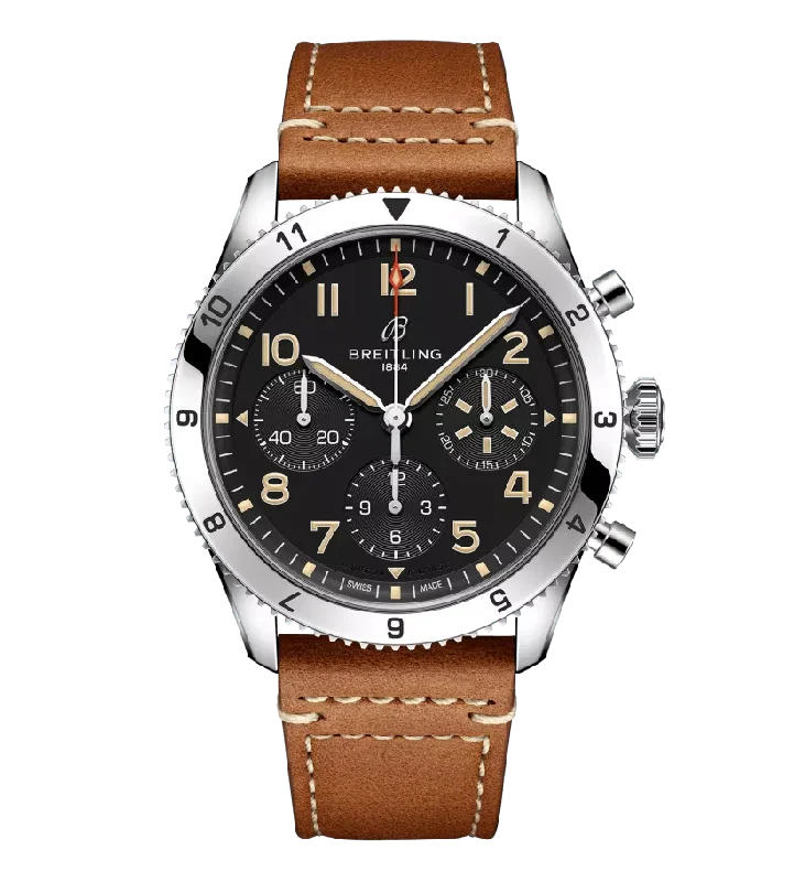 Breitling Classic AVI Chronograph 42 P-51 Mustang Watch with a Gold Brown Leather Strap