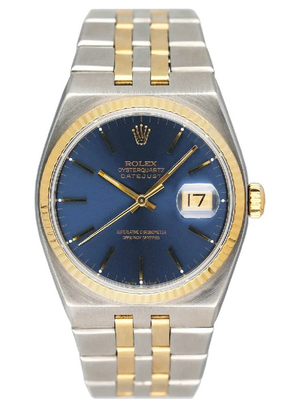 Rolex Oysterquartz Datejust 17013 Blue Dial Two Tone Mens Watch Box Papers