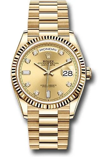 Rolex Yellow Gold Day-Date 36 Watch - Fluted Bezel - Champagne Diamond Dial - President Bracelet - 128238 chdp