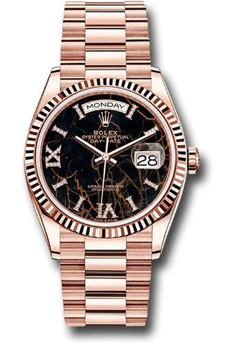 Rolex Everose Gold Day-Date 36 Watch - Fluted Bezel - Eisenkiesel Diamond Dial - President Bracelet - 128235 edr69p