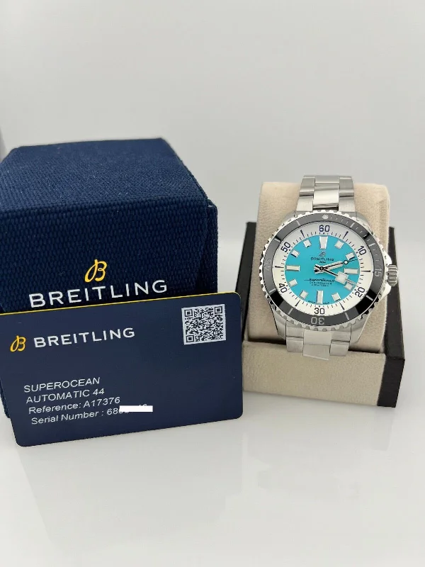 Breitling Superocean A17376 44mm Turquoise Blue Dial Stainless Box Paper