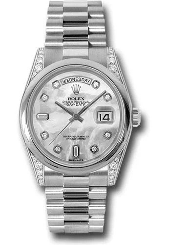 Rolex Platinum Day-Date 36 Watch - Domed Bezel - Mother-Of-Pearl Diamond Dial - President Bracelet - 118296 mdp