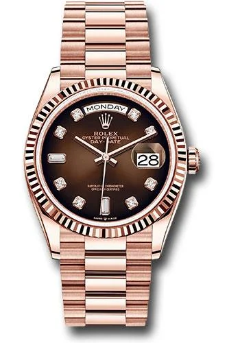 Rolex Everose Gold Day-Date 36 Watch - Fluted Bezel - Brown Ombre´ Diamond Dial - President Bracelet - 128235 brodp