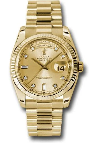 Rolex Yellow Gold Day-Date 36 Watch - Fluted Bezel - Champagne Diamond Dial - President Bracelet - 118238 chdp