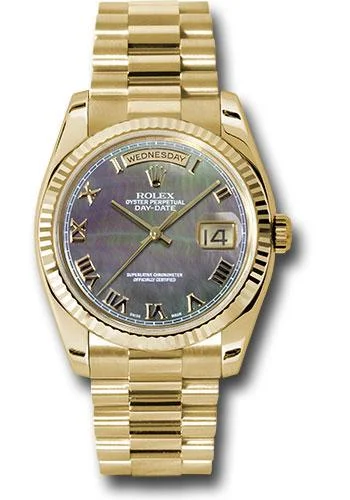 Rolex Yellow Gold Day-Date 36 Watch - Fluted Bezel - Dark Mother-Of-Pearl Roman Dial - President Bracelet - 118238 dkmrp