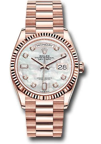 Rolex Everose Gold Day-Date 36 Watch - Fluted Bezel - Mother-of-Pearl Diamond Dial - President Bracelet - 128235 mdp