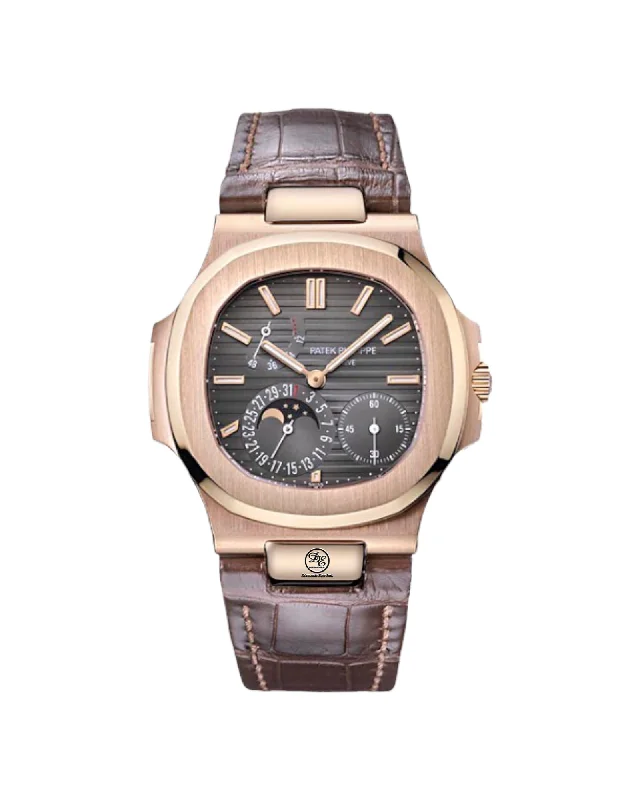 PATEK PHILIPPE Nautilus 5712R 18k Rose Gold Moon Phase Leather Band Watch BOX/PAPERS