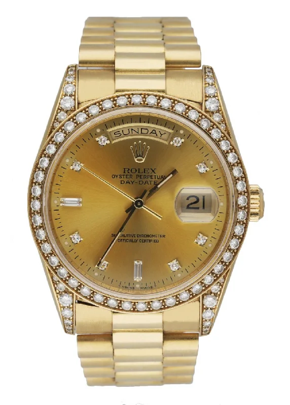 Rolex Day Date 18388 18K Yellow Gold Diamond Dial Men's Watch Box & Paper