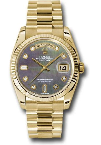 Rolex Yellow Gold Day-Date 36 Watch - Fluted Bezel - Dark Mother-Of-Pearl Diamond Dial - President Bracelet - 118238 dkmdp