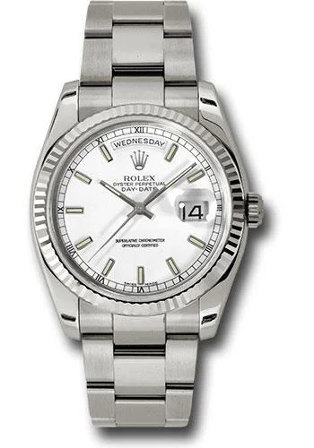 Rolex White Gold Day-Date 36 Watch - Fluted Bezel - White Index Dial - Oyster Bracelet - 118239 wso