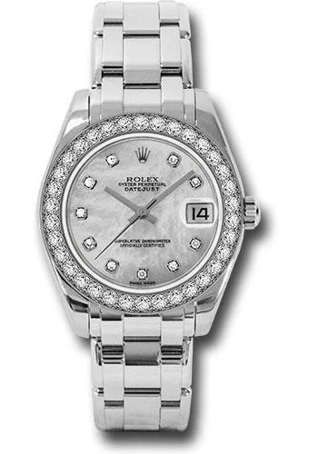 Rolex White Gold Datejust Pearlmaster 34 Watch - 34 Diamond Bezel - White Mother-Of-Pearl Diamond Dial - 81299 md