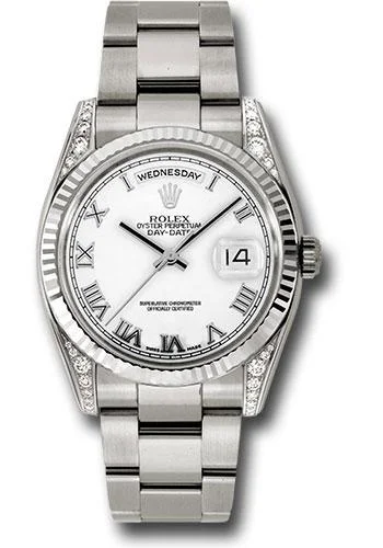 Rolex White Gold Day-Date 36 Watch - Fluted Bezel - White Roman Dial - Oyster Bracelet - 118339 wro