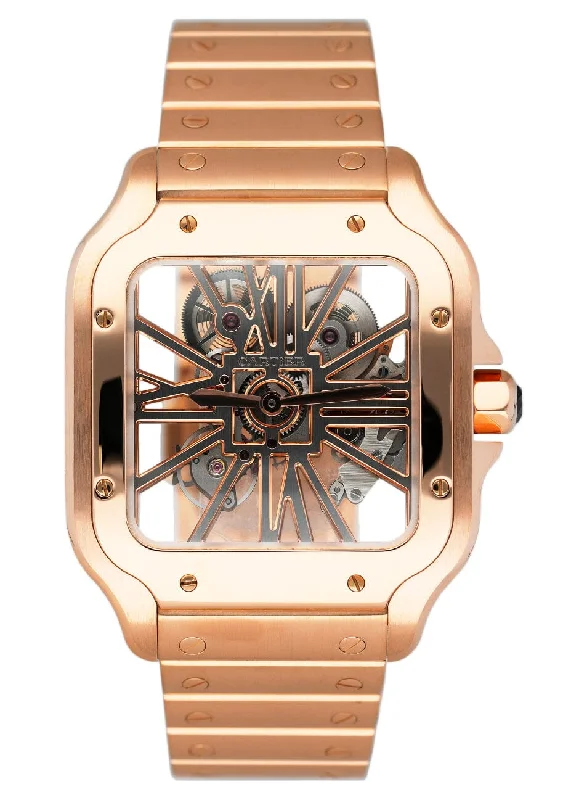 Cartier Santos Large WHSA0016 Skeleton Dial Rose Gold Mens Watch Papers Box