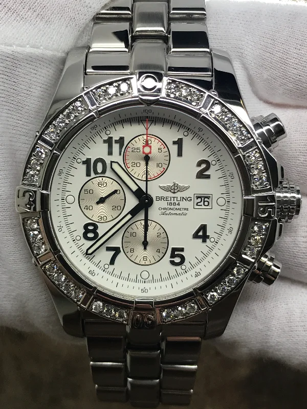 Breitling Super Avenger Custom Diamond Bezel A13370 White Dial Automatic Men's Watch