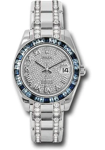 Rolex White Gold Datejust Pearlmaster 34 Watch - 12 Blue And 24 Light-Blue Sapphire Baguettes Bezel - Diamond Paved Roman Dial - 81349SA dprdp